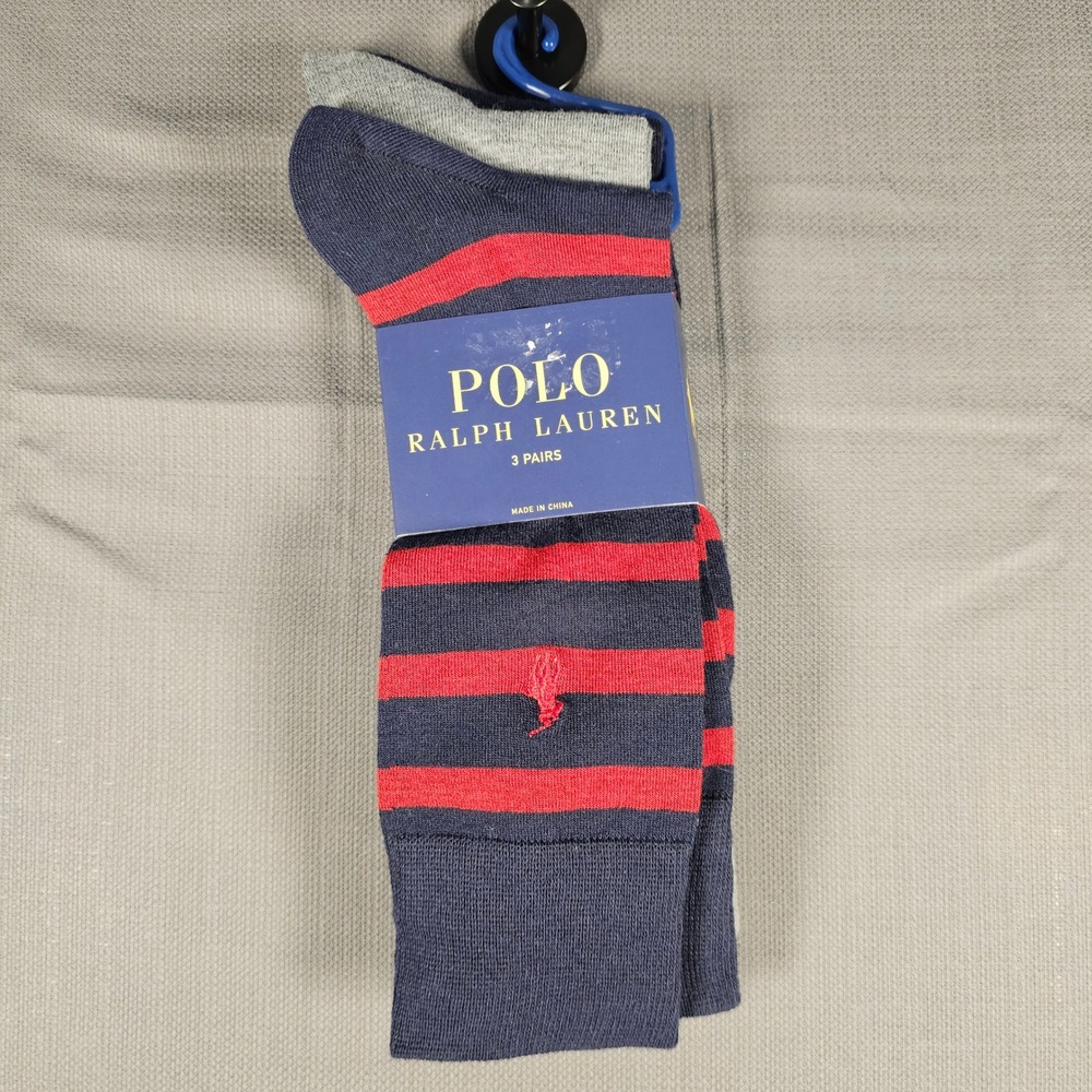 Polo Ralph Lauren Mens 3 Pack Crew Socks Navy Red Striped Grey ZP899743PKN